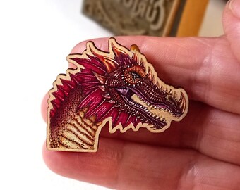 Dragon pin brooch wooden animal badge unique designed fantasy creature lapel accessory Timeless Curiosity Zentangle inspired mini artwork