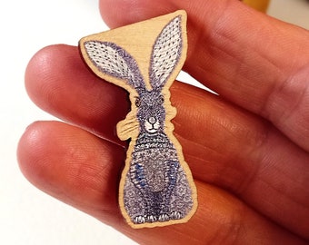 Hare pin brooch wooden badge unique designed British wildlife lapel accessory Timeless Curiosity Zentangle inspired rabbit animal artwork