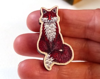 Red fox pin brooch wooden badge unique designed British wildlife lapel accessory Timeless Curiosity Zentangle inspired animal mini artwork