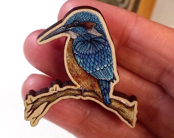 Kingfisher pin brooch wooden badge unique designed river bird lapel accessory Timeless Curiosity Zentangle inspired mini wildlife artwork