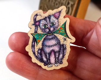 Kitten pin brooch wooden pet badge unique designed purple feline lapel accessory Timeless Curiosity Zentangle inspired Halloween cat artwork