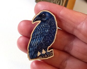 Raven pin brooch wooden badge unique designed blue black bird lapel accessory Timeless Curiosity Zentangle inspired mini wildlife artwork