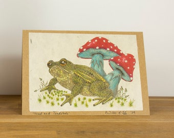 Toad and Toadstools, signed art print blank greeting card, frog mushroom card design printed on lokta paper mounted on recycled Kraft card