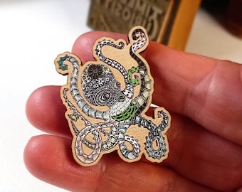 Octopus pin brooch wooden animal badge unique designed under the sea lapel accessory Timeless Curiosity Steampunk Zentangle inspired artwork