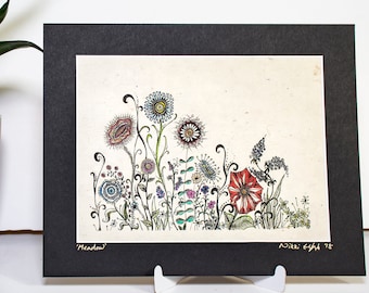 Meadow flower print on handmade lokta paper, Zentangle-inspired unique art print, nature lover design, signed print of wild flowers meadow