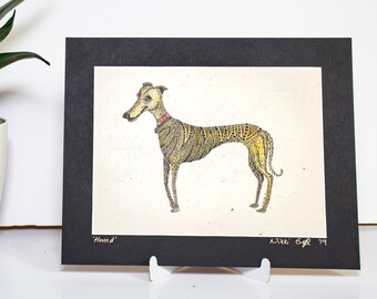 Hound print on handmade lokta paper, Zentangle-inspired unique art print, dog lover design, signed print of greyhound dog yellow brindle dog