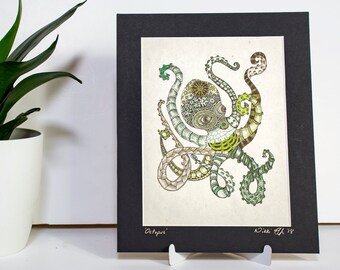 Octopus print on handmade lokta paper, Zentangle-inspired unique art print, under-the-sea Steampunk Kraken, signed print of original drawing