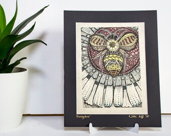 Honey bee print on handmade lokta paper, Zentangle-inspired unique art print, nature lover design, signed print of a honeybee and flower art