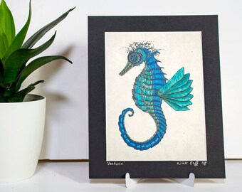 Seahorse print on handmade lokta paper, Zentangle-inspired unique art print, under-the-sea Steampunk design signed print of original drawing