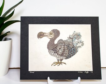 Dodo print on handmade lokta paper, Zentangle-inspired unique art print, extinction, signed picture, print of original ink, pencil drawing