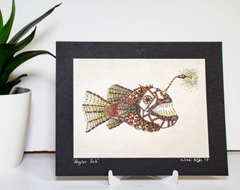 Anglerfish print on handmade lokta paper Zentangle-inspired unique art, under the sea Steampunk fish design signed print of original drawing