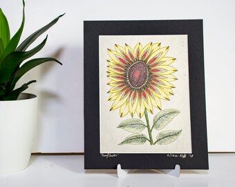 Sunflower print on handmade lokta paper, Zentangle-inspired unique art print, nature lover design, signed print of bright sun yellow flower