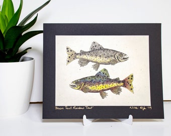 Brown Trout Rainbow Trout print on handmade lokta paper, Zentangle-inspired unique art print Steampunk design signed print of river fish art