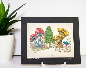 Magical mushroom print on handmade lokta paper, Zentangle-inspired unique art print, nature lover toadstool signed print of original drawing