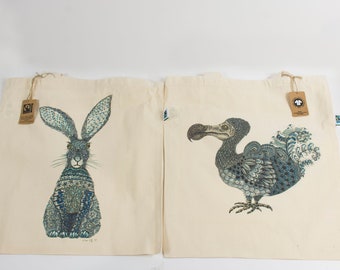 Fairtrade organic cotton tote bag, digitally printed with Zentangle-inspired hare or dodo, natural, environmentally friendly shopping bag