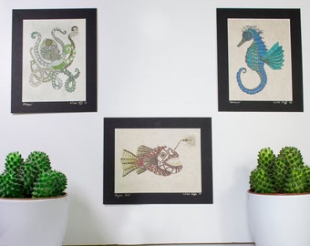 Collection of three original Steampunk under-the-sea prints on handmade lokta paper, octopus seahorse anglerfish, sea, unique signed prints