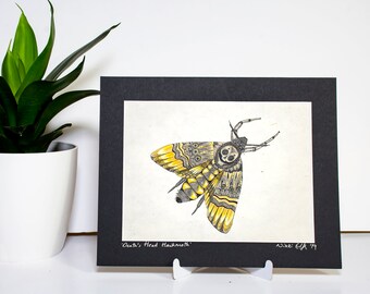 Death's-Head Hawkmoth print on handmade lokta paper, Zentangle-inspired unique art print nature lover design signed print of yellow moth art