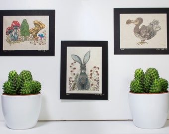 Collection of three original Alice in Wonderland inspired prints on handmade lokta paper, dodo, hare, mushrooms, unique art prints, signed
