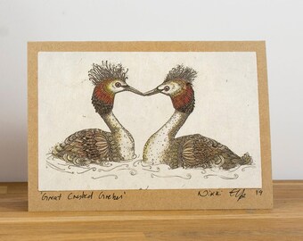 Great Crested Grebes, signed art print blank greeting card, water birds, card design printed on lokta paper mounted on recycled Kraft card