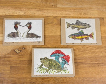 Timeless waterways and wildlife collection greeting cards, Steampunk nature designs printed on lokta paper, mounted on recycled Kraft card
