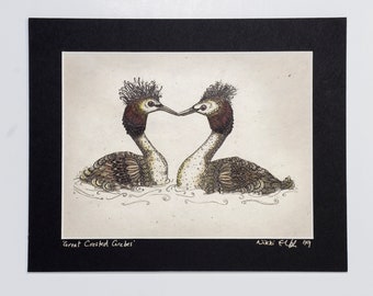 Great Crested Grebes print on handmade lokta paper, Zentangle-inspired unique art print, nature lover design signed print of water birds art