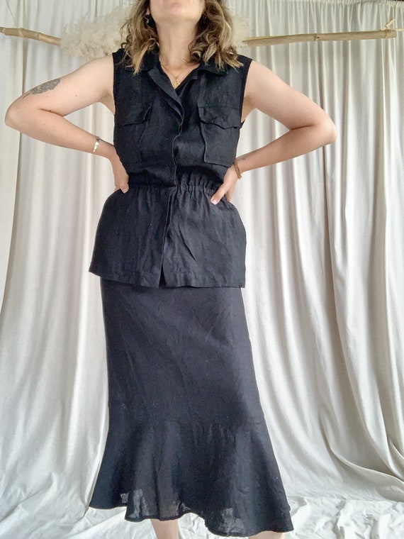 90s Black Linen Peplum Set