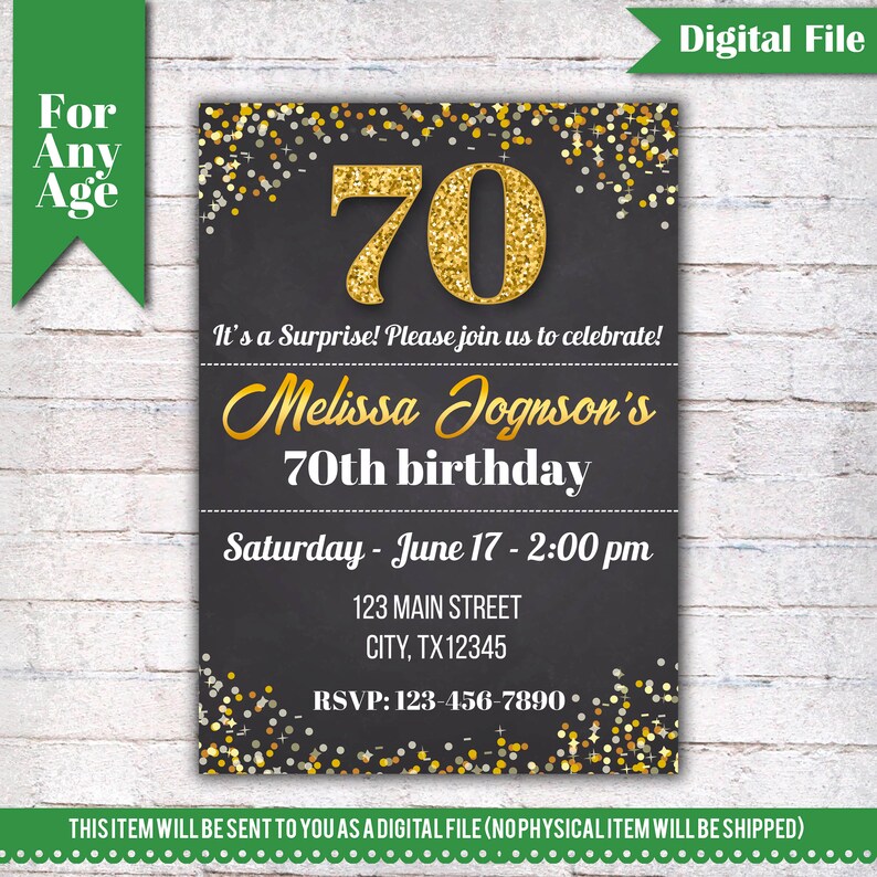 70th Birthday Invitation Birthday Party Invite Printable Etsy