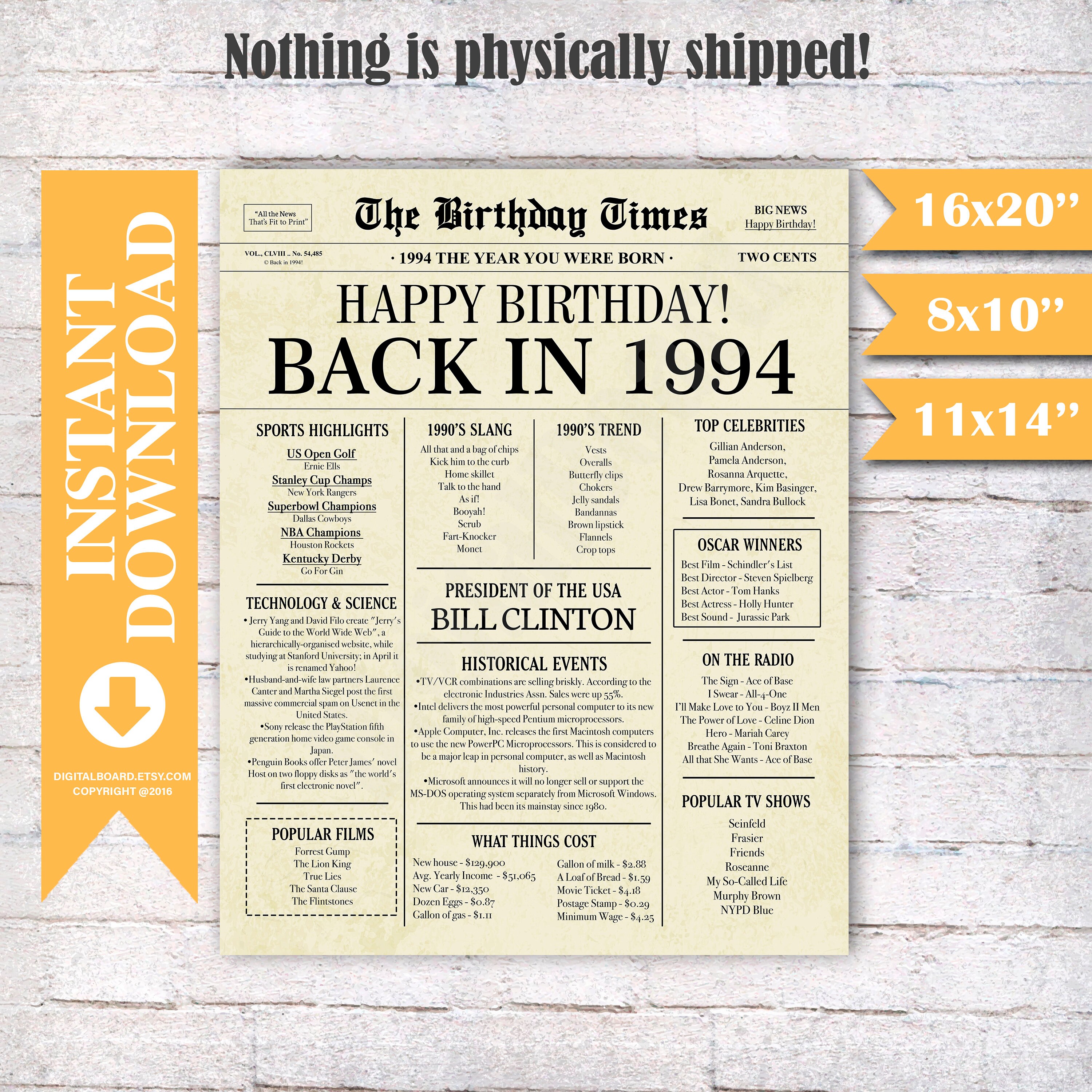 Back In 1994 NEWSPAPER Poster Sign 27th Birthday 1994 Etsy