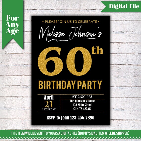 60th Birthday Invitation Birthday Party Invite Printable Etsy