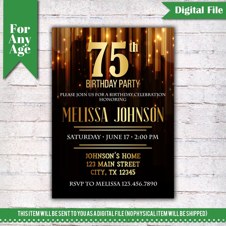 75th Birthday Invitation Birthday Party Invite Printable Etsy