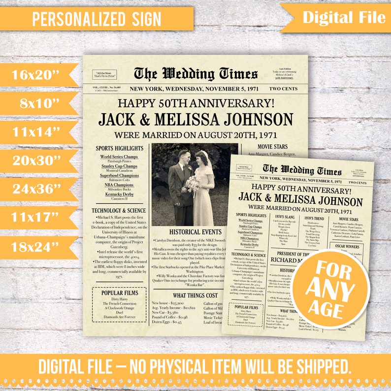 50th wedding anniversary gifts #1: Digital board personalized newspaper