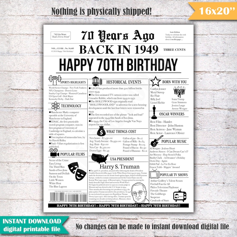 Newspaper Poster 70th birthday board 70th birthday gift for men 1949 birthday gift 70th birthday decoration for women back in 1949