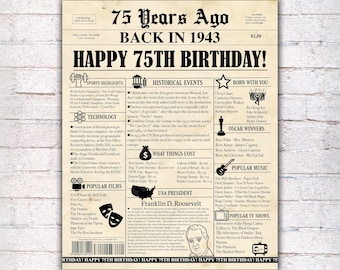 75th Birthday Newspaper Poster Sign, 75 Years Ago Back in 1943 USA Events, Black & Old Paper, Instant Download Print Digital File - 1212