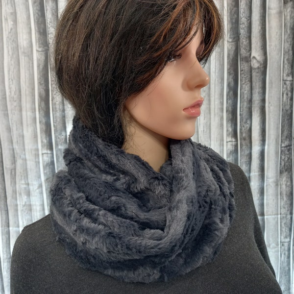 Gray fake fur scarf snood for women Infinity loop neck warmer handmade
