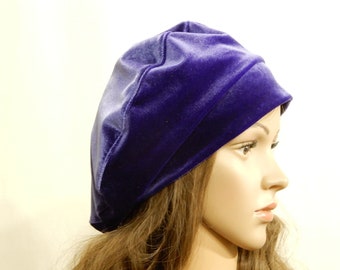 Purple violet velvet beret for women Hat lined  Headwear fits S-M