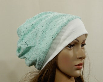 Summer beanie hat women Green lace ponytail hat Messy bun hat