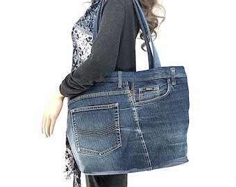 Große Einkaufstasche Recycled Denim Jeans Umhängetasche Handmade einzigartige original Tasche