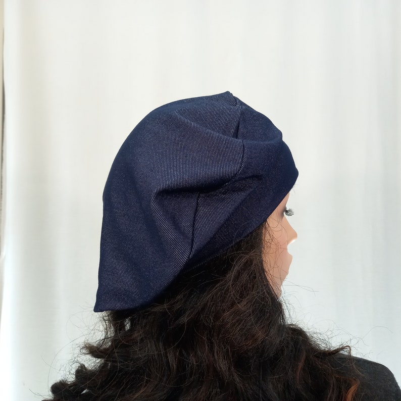 Unlined summer beret Blue lightweight slouchy beret for women Jersey hat Fits S-L zdjęcie 6