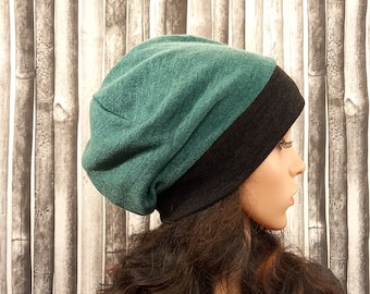 Green slouchy beanie hat women Double sided headwear Reversible fall winter black tam fits S-L
