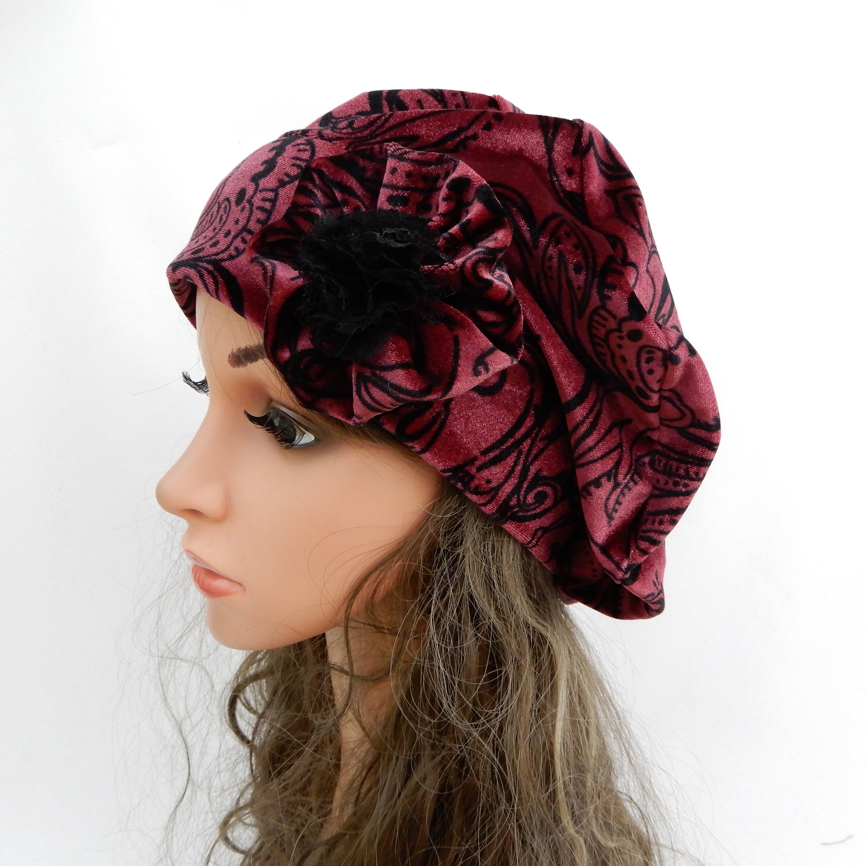Velvet hat for women Beret hat with flower pin Slouchy beanie Etsy