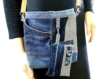 Upcycled Denim Crossbody Bag with Matching Wallet – Eco-Friendly One-of-a-Kind Purse