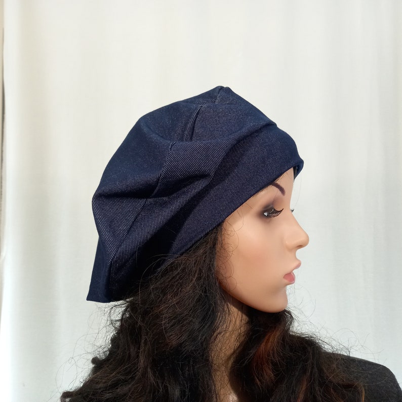 Unlined summer beret Blue lightweight slouchy beret for women Jersey hat Fits S-L zdjęcie 3