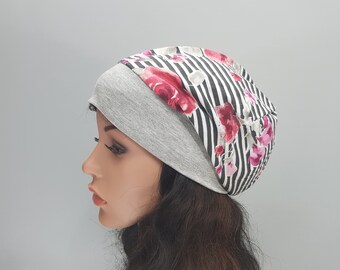 Summer beanie for women Lightweight hat striped floral Headcover chemo Stretch cotton jersey