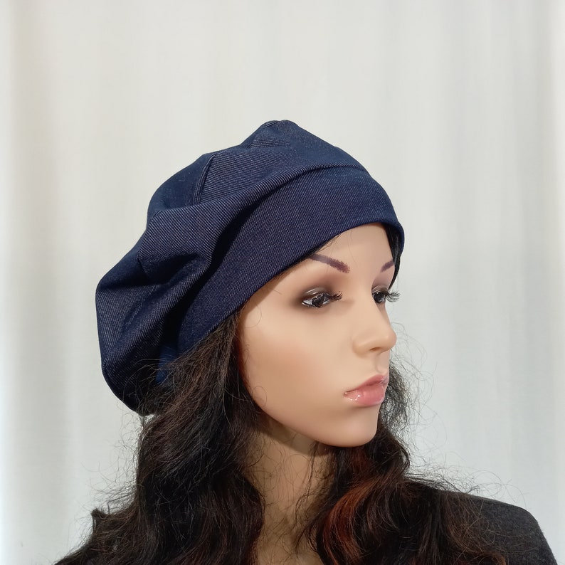 Unlined summer beret Blue lightweight slouchy beret for women Jersey hat Fits S-L zdjęcie 8