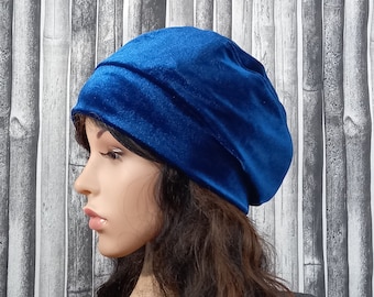 Blue hat women Beret velvet Chemo headwear fits S-L