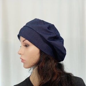 Unlined summer beret Blue lightweight slouchy beret for women Jersey hat Fits S-L zdjęcie 1