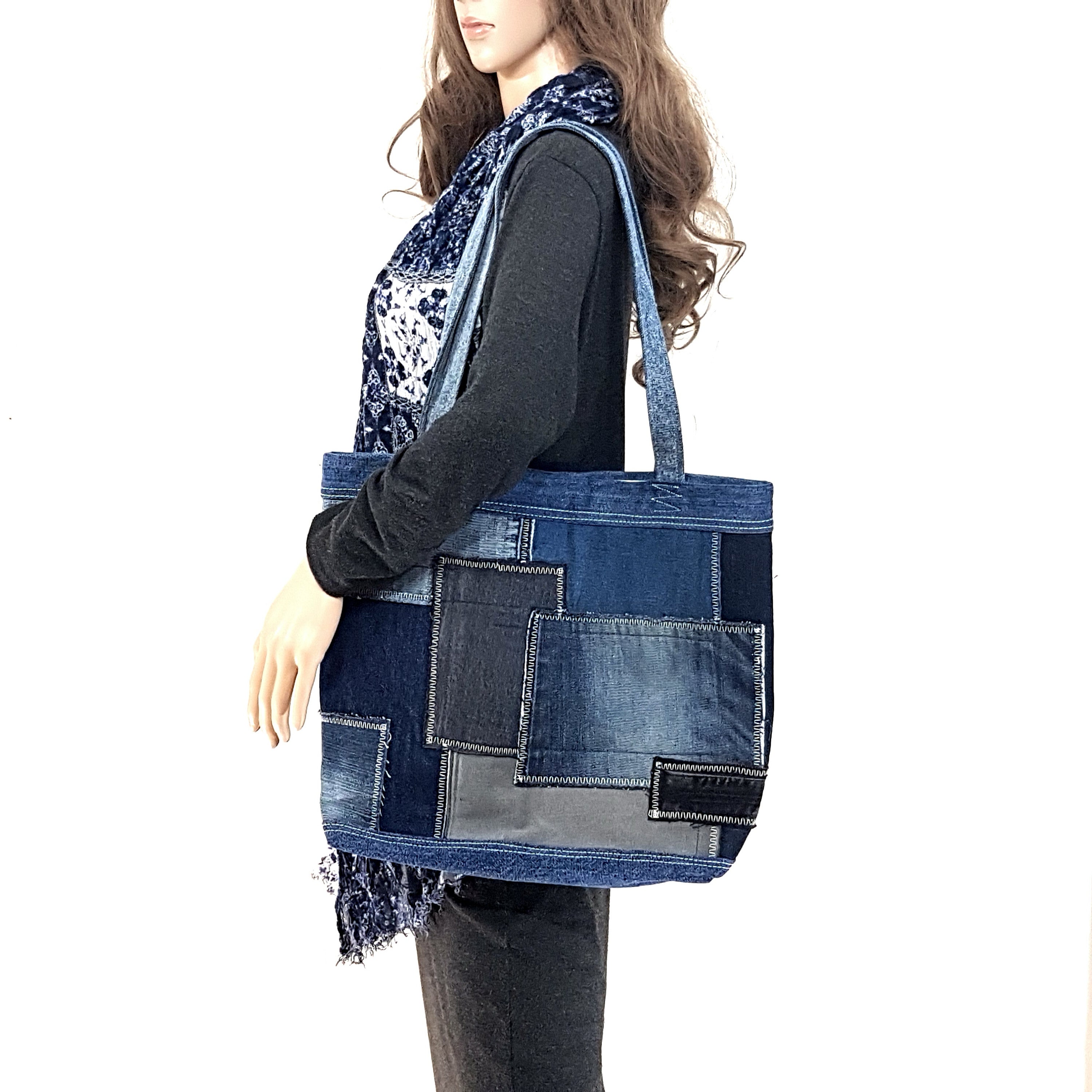 Denim patchwork tote bag hotsell