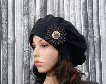 Unlined cotton beret women Black lightweight slouchy beret with flower brooch Fits S-L