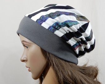 Double sided beanie hat for women Slouchy boho hippie headwear Chemo hat Fits S-L