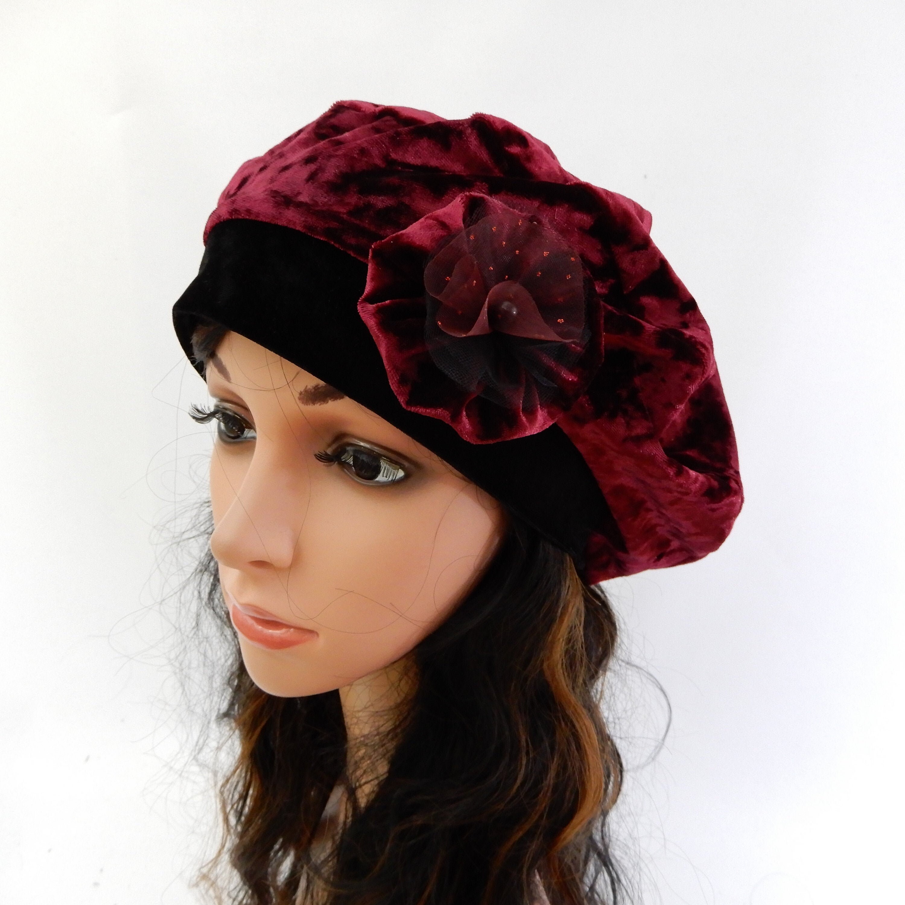 Burgundy red velvet beret Womens beret hat with flower pin Etsy